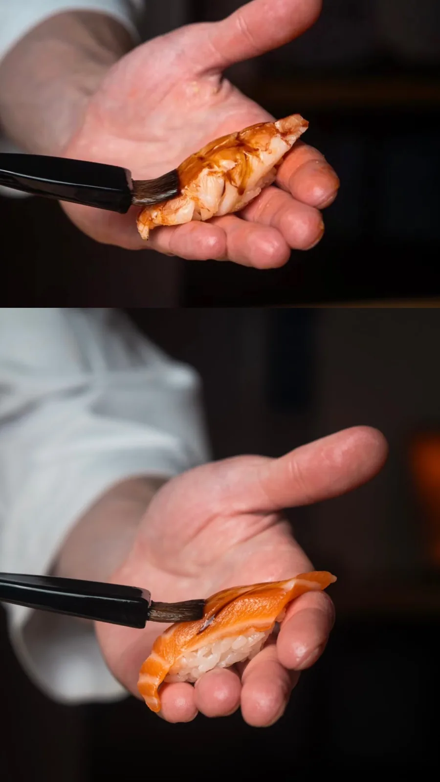 Nigiri finished by hand with a brush of nikiri at the counter.